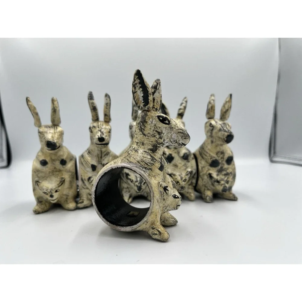 Vintage Kangroo Napkin Rings SET OF 6 Wood Joey Figural Whimsy Kitsch Rustic
